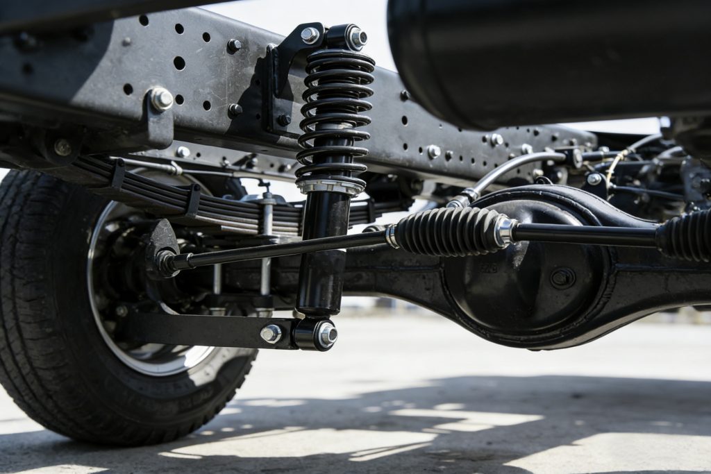 external spring hydraulic shock absorber + semi-floating rear axle